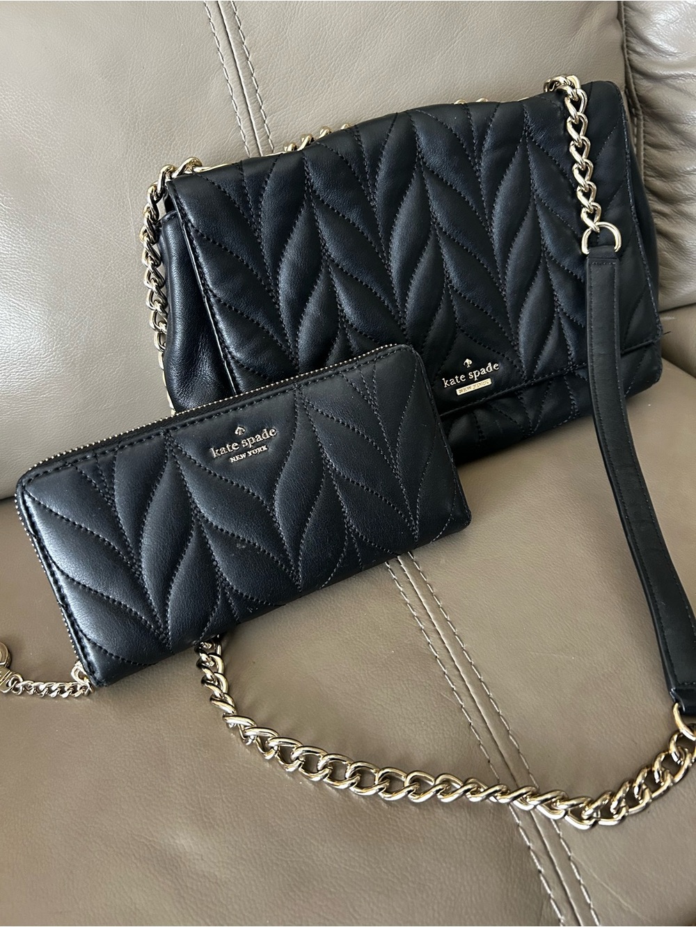 kate spade Black Quilted Leather Chain Crossbody Bag with Wallet